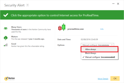 Configure Norton for ProRealTime